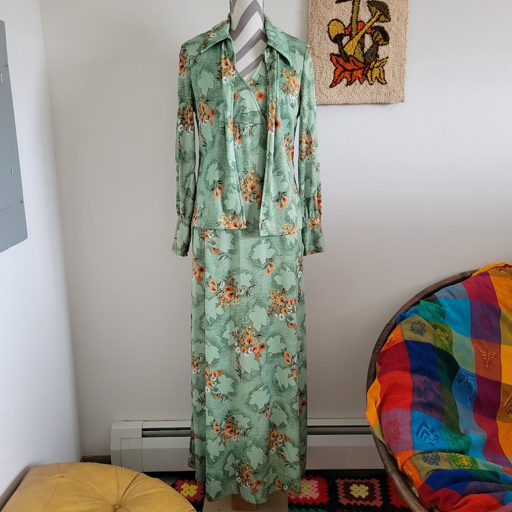 70s Vintage Green Orange Floral Maxi Dress + Blouse Jacket